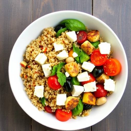 A bowl of quinoa salad with roasted vegetables, feta cheese, and lemon vinaigrette