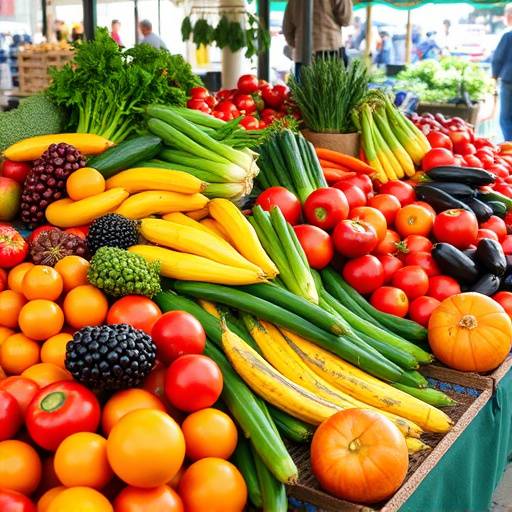 A colorful and vibrant display of fruits and vegetables at a farmers market in Philadelphia