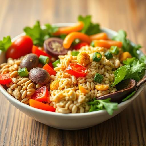 A colorful plate of balanced meal consisting of vegetables, lean protein, and whole grains