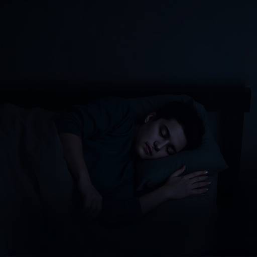 A person sleeping peacefully in a comfortable and dark bedroom