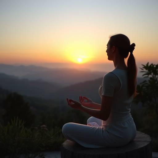 A serene landscape with a person meditating, symbolizing peace and mindfulness