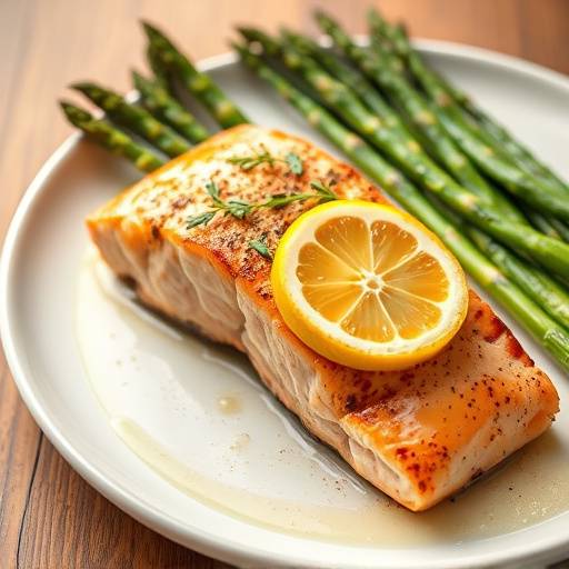 Baked salmon fillet with lemon slices, herbs, and asparagus on a plate