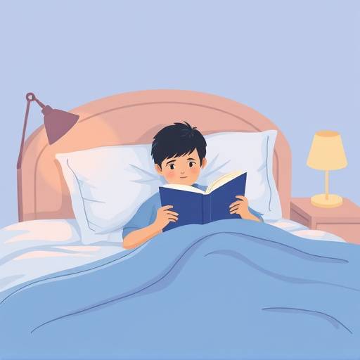 Illustration of a calming bedtime routine with a person reading in bed
